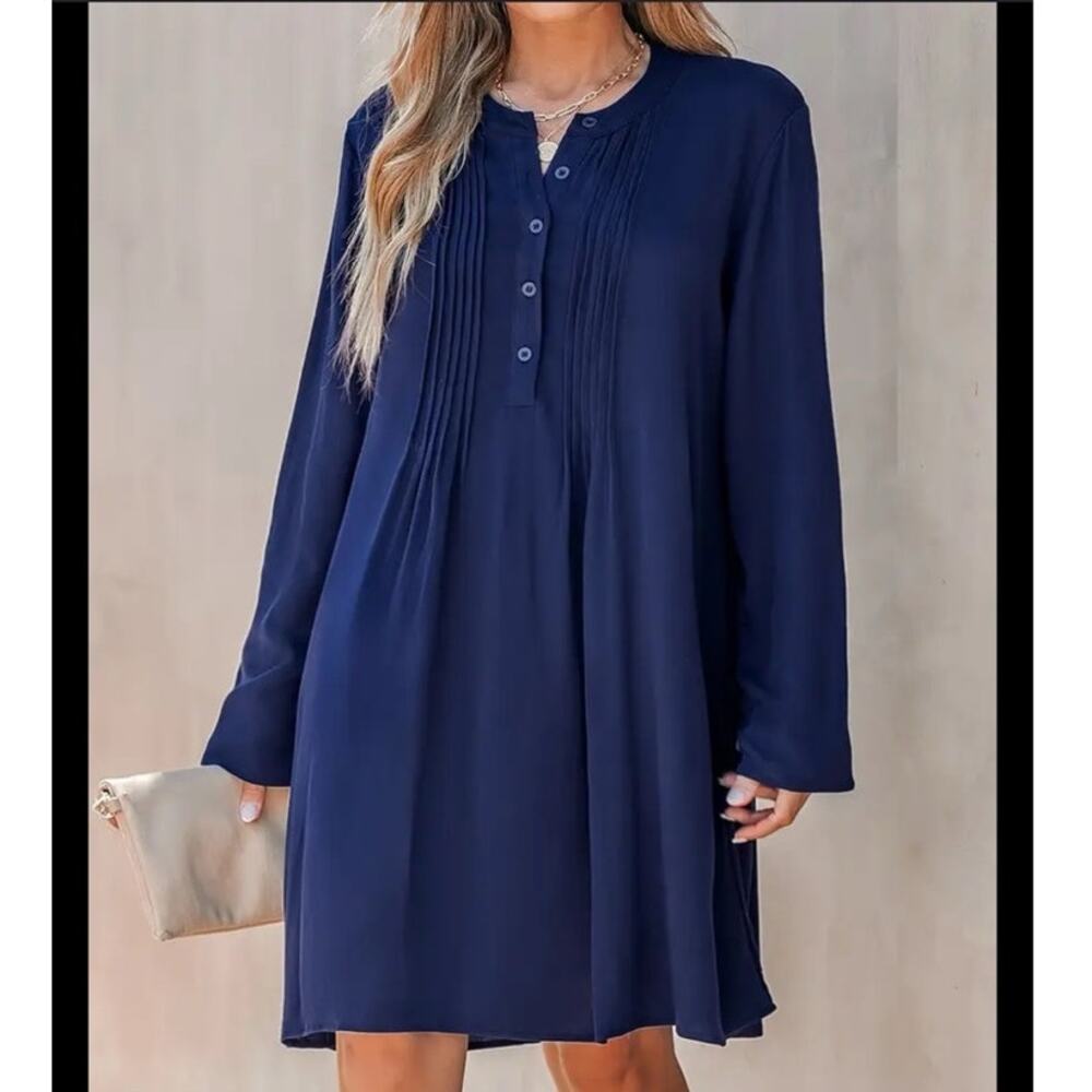 Cupshe Long Sleeve Pleated Front Navy Popover A-line Mini Dress M NWT